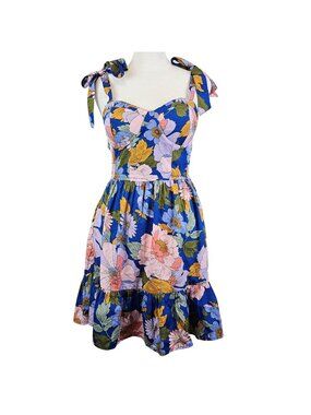 Floral Mini Short XS Blue Strappy Sweetheart Neck Smocked Pockets Summer